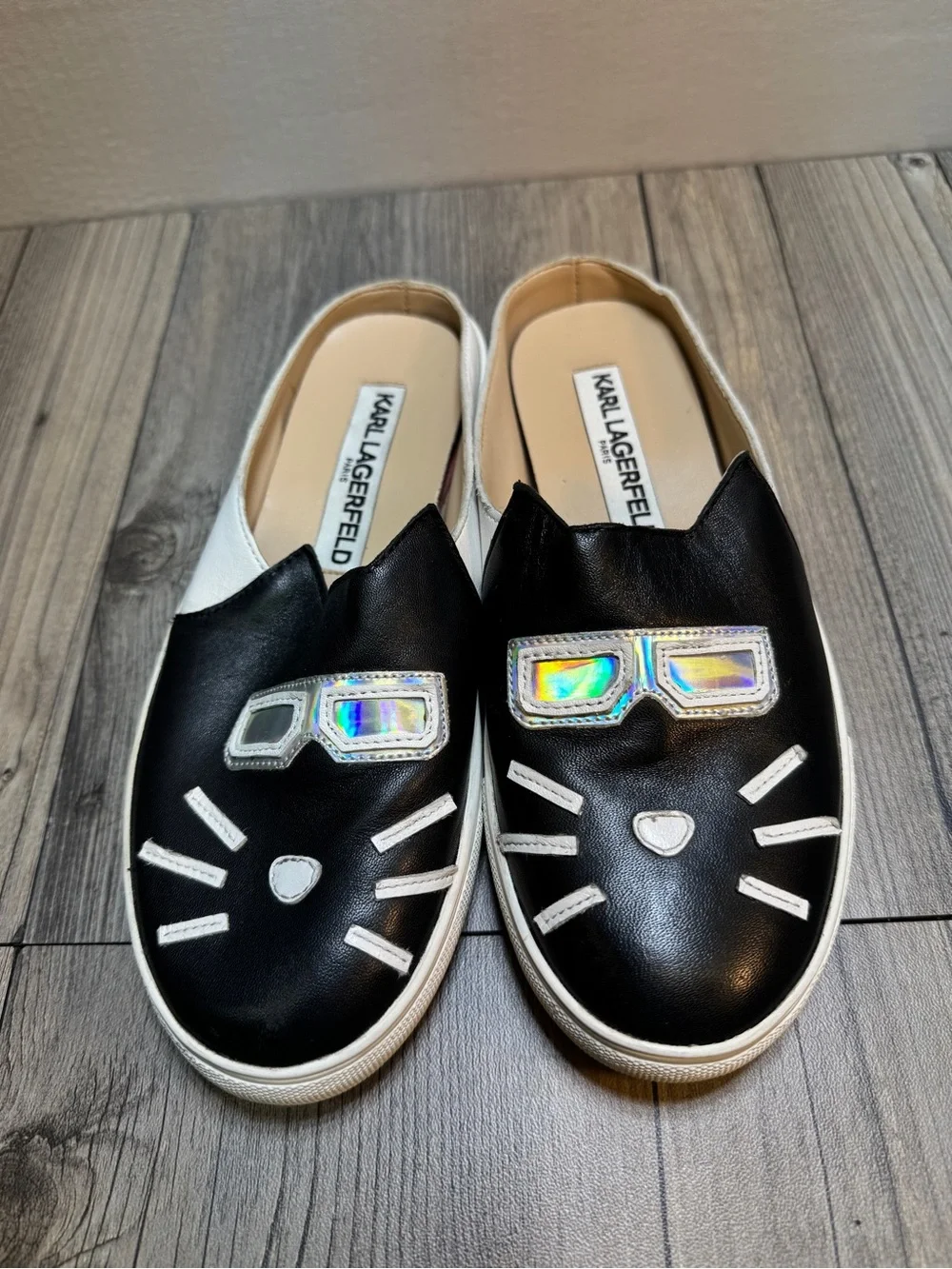 Karl Lagerfeld Paris Black white Leather Cat Mule Slides Shoes Women’s Size 5M